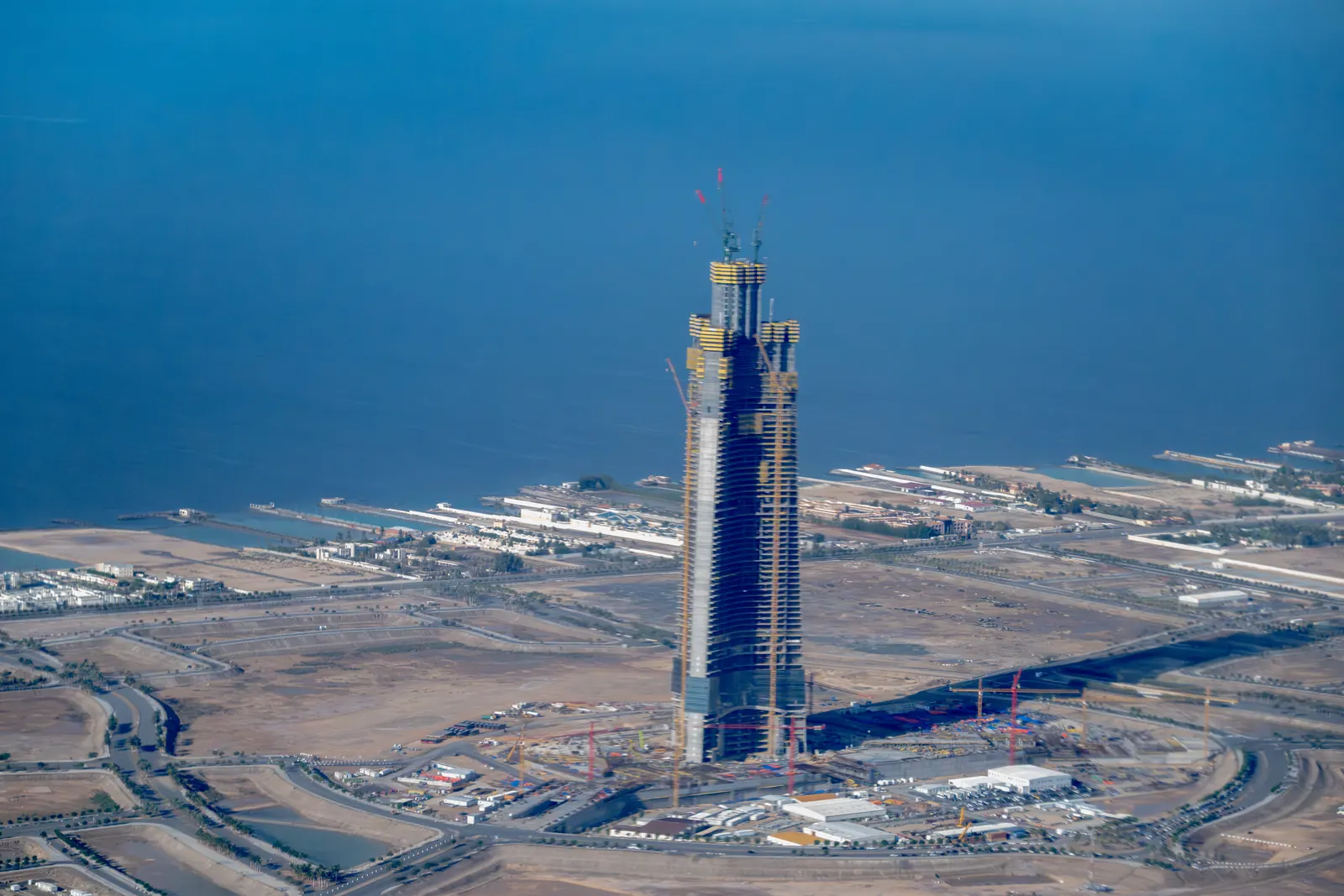 Jeddah Tower under construction near the Red Sea coast, seen from the air