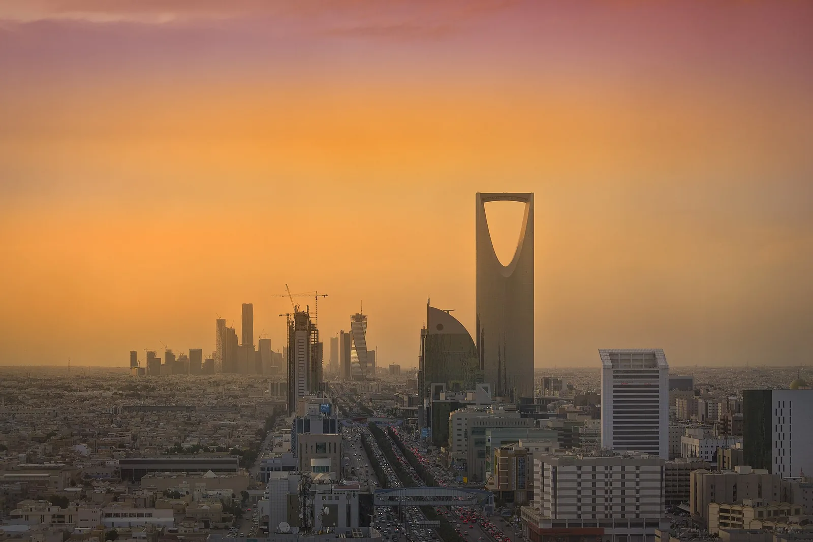 Riyadh skyline at dusk, Kingdom Tower and the King Abdullah Financial District behind it